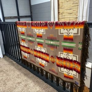 Vtg Pendleton Beaver State Wool Blanket Chief Joseph Tan With Fringe 63 x 68